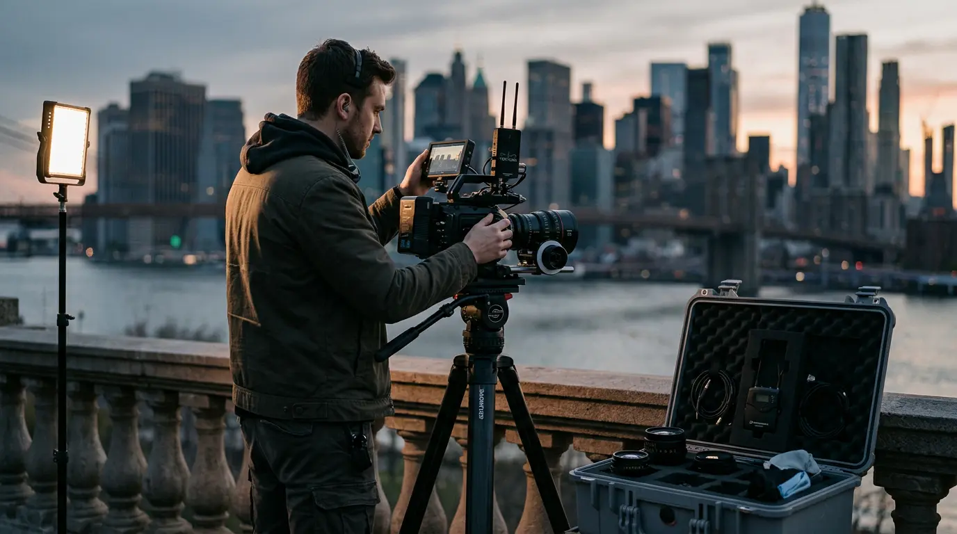 Videographer operating cinema camera on tripod at Brooklyn Heights Promenade with Manhattan skyline in background during golden hour