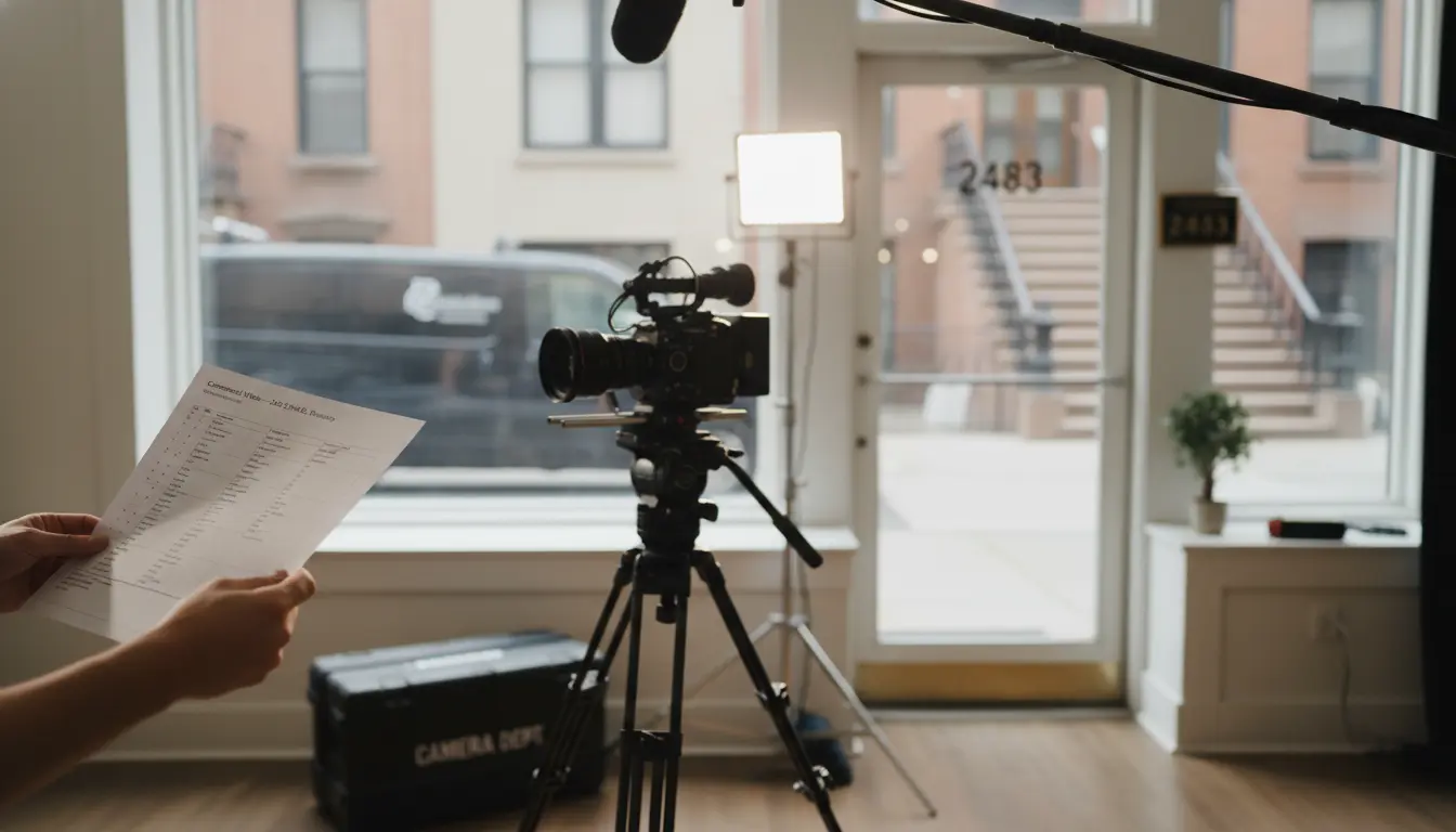 Commercial video production Brooklyn - coordinator holding storyboard with camera and LED light on set