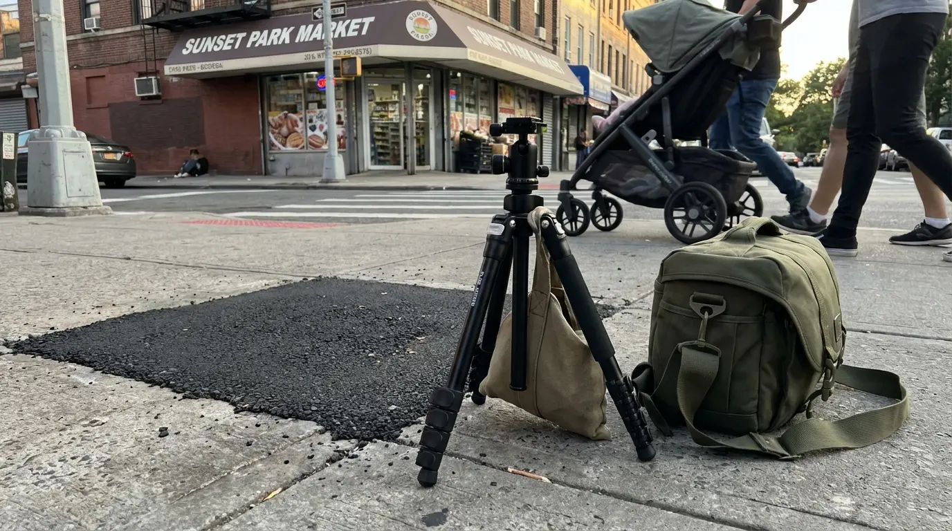 Wedding Photography Sunset Park compact tripod and sandbag on narrow sidewalk near street repair patch and corner store