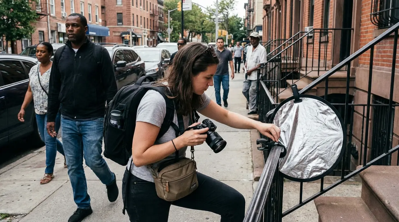 Wedding Photography: photographer setting up a compact camera kit with reflector on a narrow Flatbush sidewalk in Flatbush, Brooklyn.