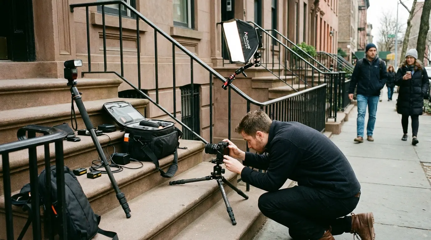 Wedding photography Brooklyn Heights: photographer arranging compact lighting and camera on a narrow Hicks/Willow Street sidewalk adjacent to brownstone stoops, showing limited setup space.