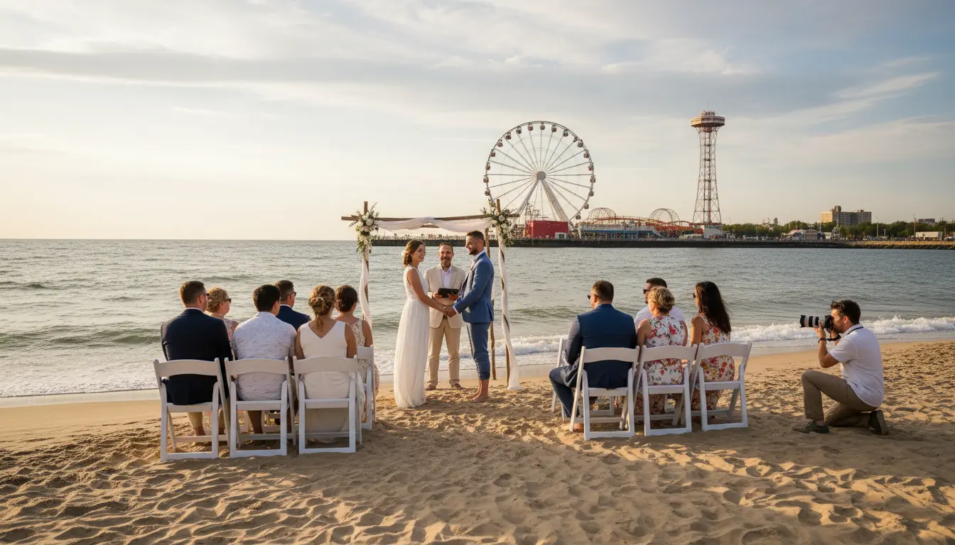 beach wedding photography Brooklyn Coney Island small ceremony with Wonder Wheel visible