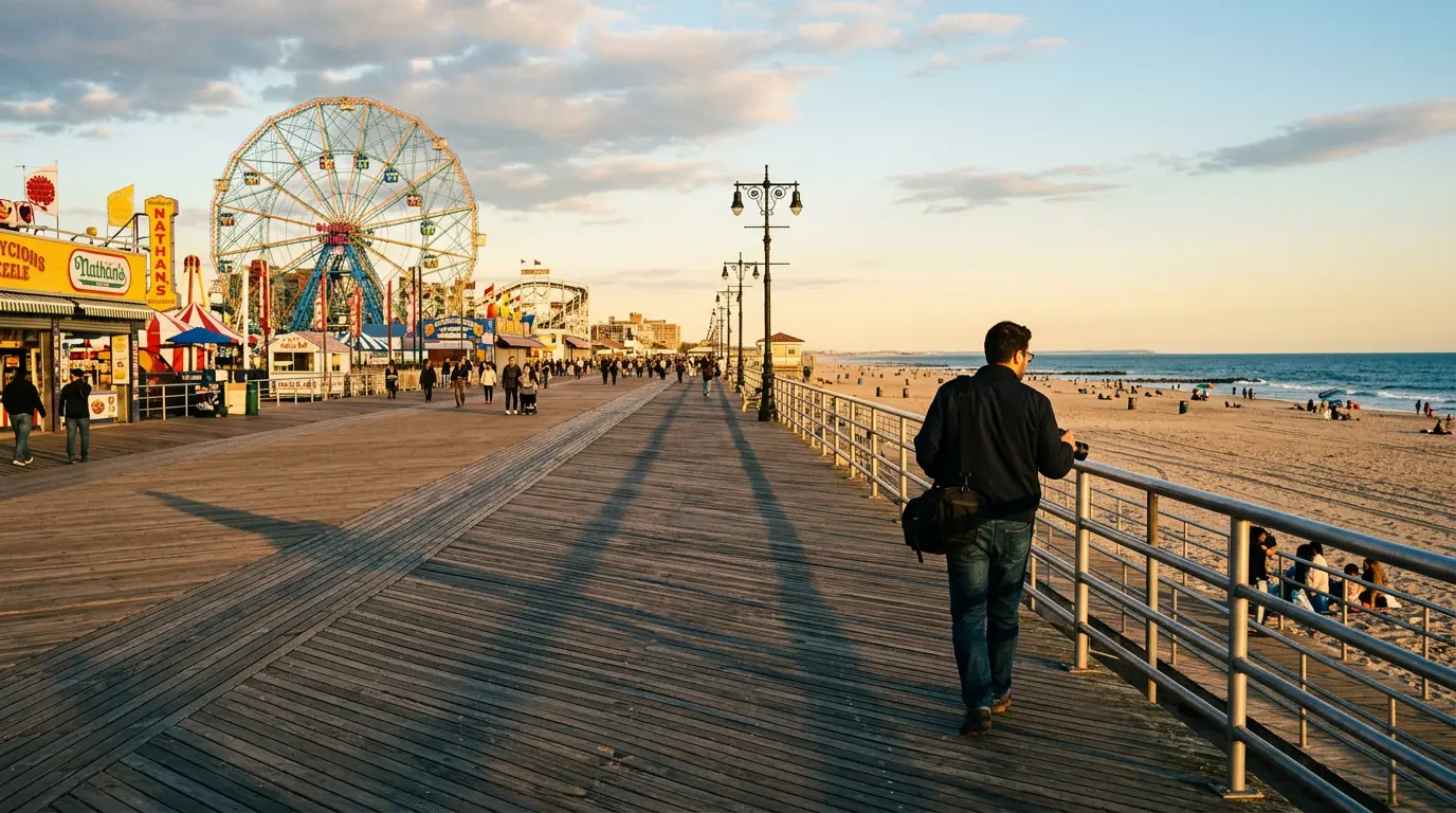 Location scout walking the Coney Island boardwalk in Brooklyn with the beach, ocean, and Wonder Wheel visible during beach wedding photography planning