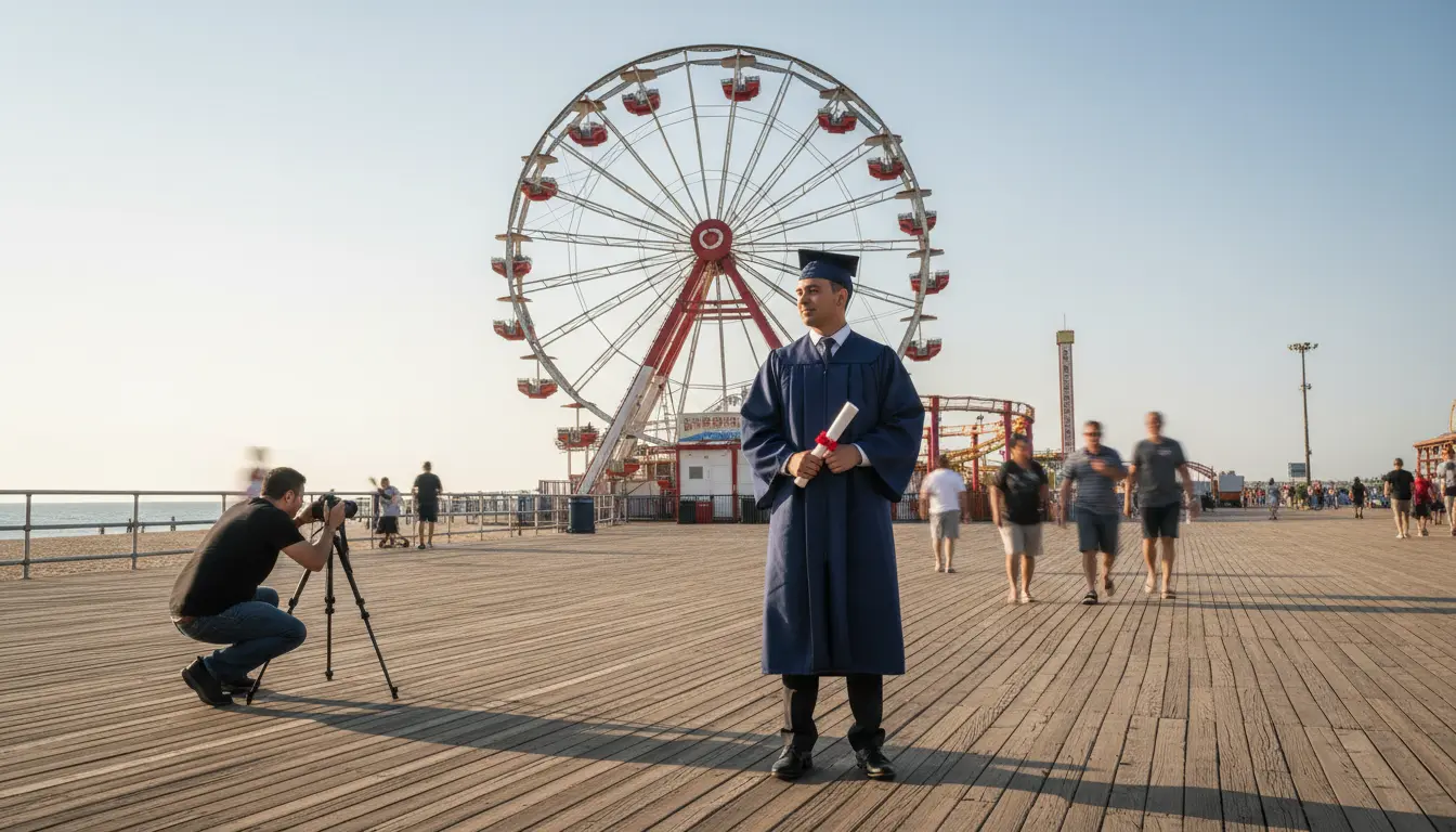 Senior portrait photography Brooklyn — senior on Coney Island boardwalk with Wonder Wheel visible
