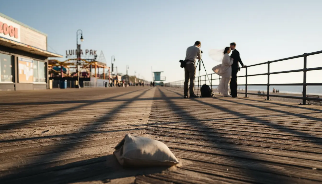 Wedding photographer — Coney Island, Brooklyn — photographer adjusting tripod on Riegelmann Boardwalk with couple by the railing