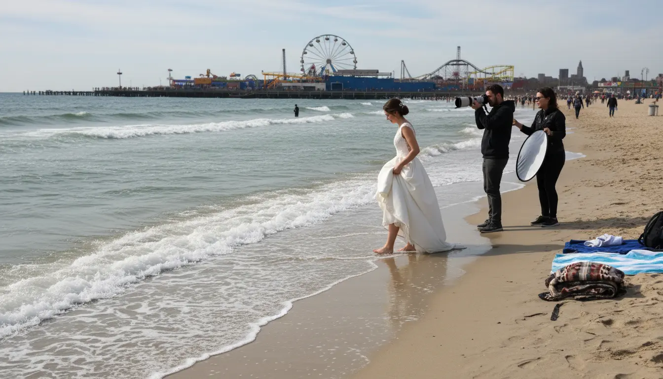 Trash-the-dress photography in Coney Island Brooklyn showing bride at water edge with photographer and assistant
