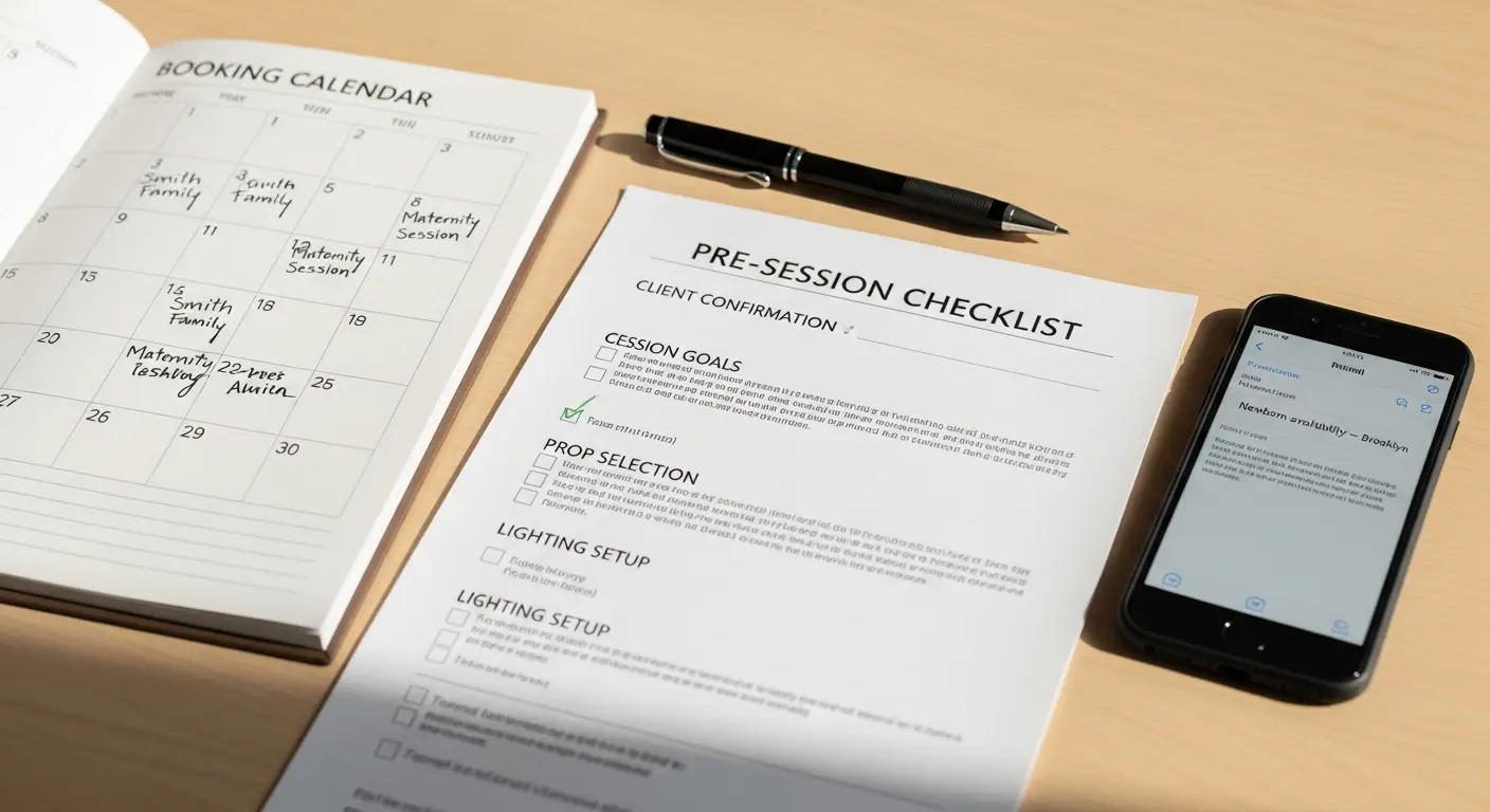 Newborn photography consultation materials in Brooklyn showing checklist and booking calendar