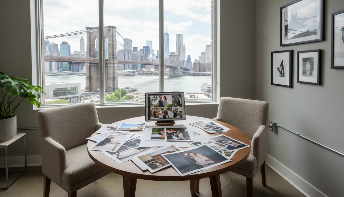 photo retouching consultation room in Brooklyn with view of Brooklyn Bridge and sample prints