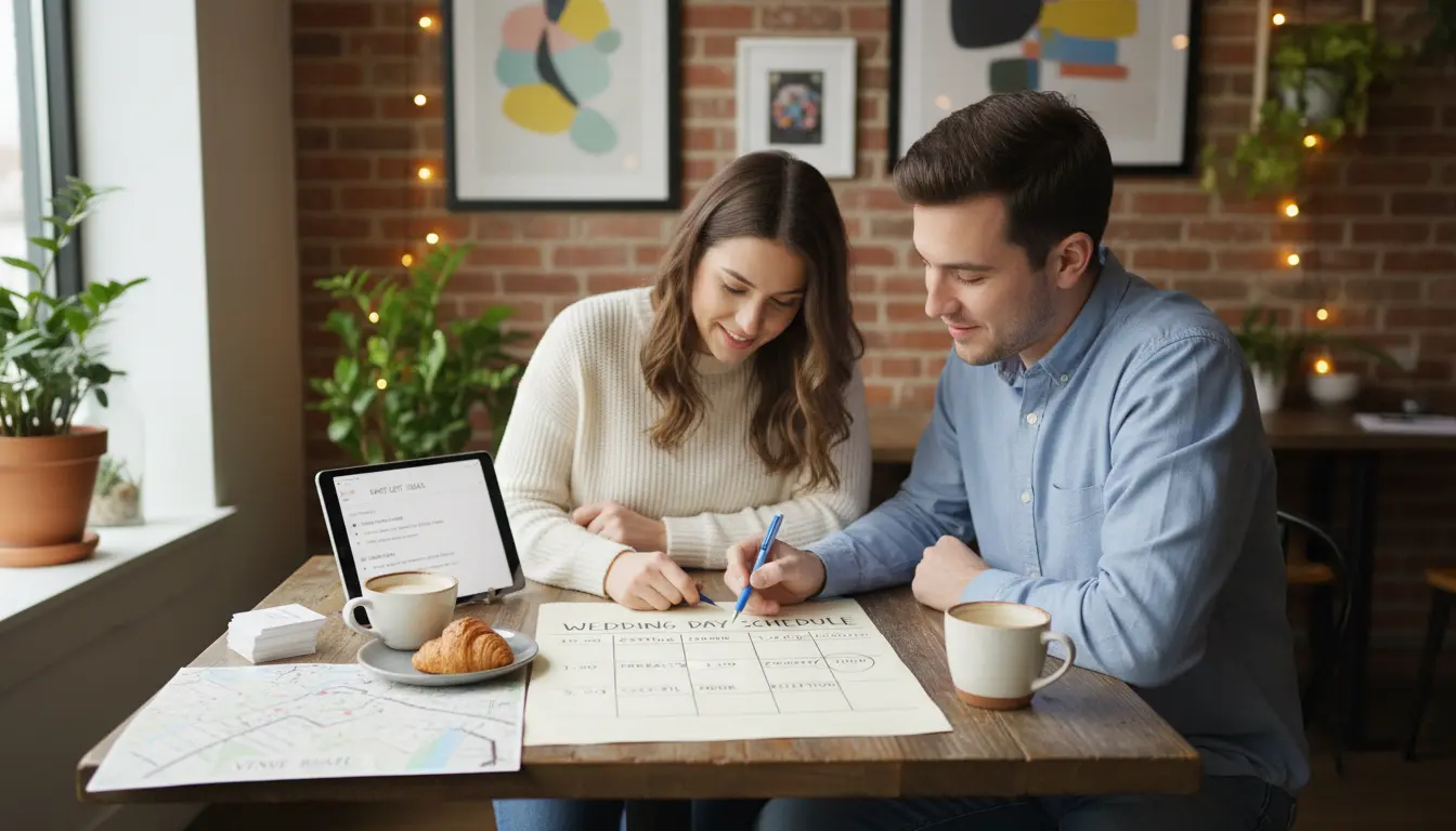 Wedding consultation and timeline planning in Brooklyn with photographer and couple reviewing timeline and venue map