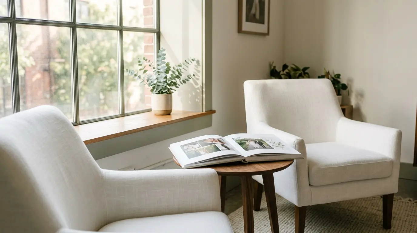 Contact page thumbnail for Vera Starling Photography: two white linen accent chairs and a small round table holding an open wedding album in a Brooklyn studio consultation nook, natural window light, soft ivory and sage tones