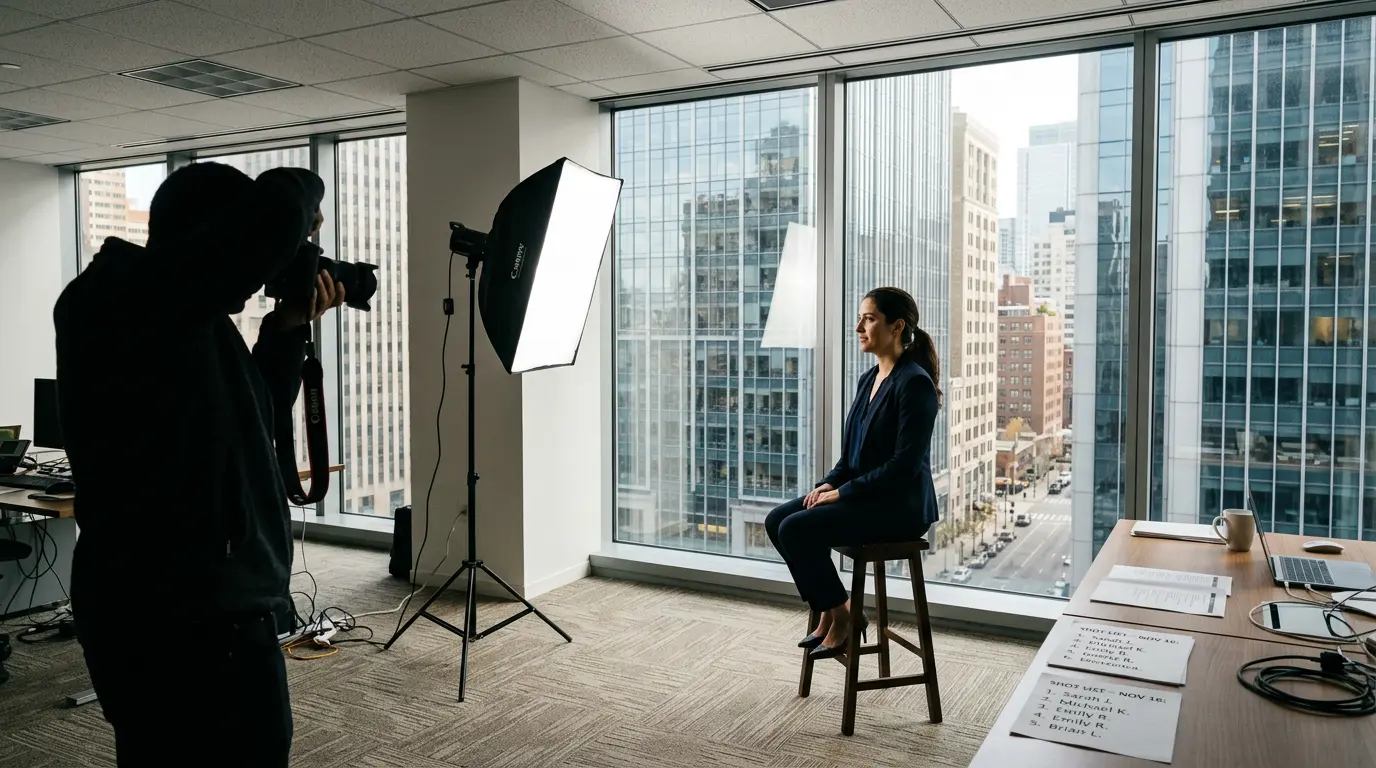 Corporate headshot photography session inside Downtown Brooklyn office building with photographer and softbox lighting setup