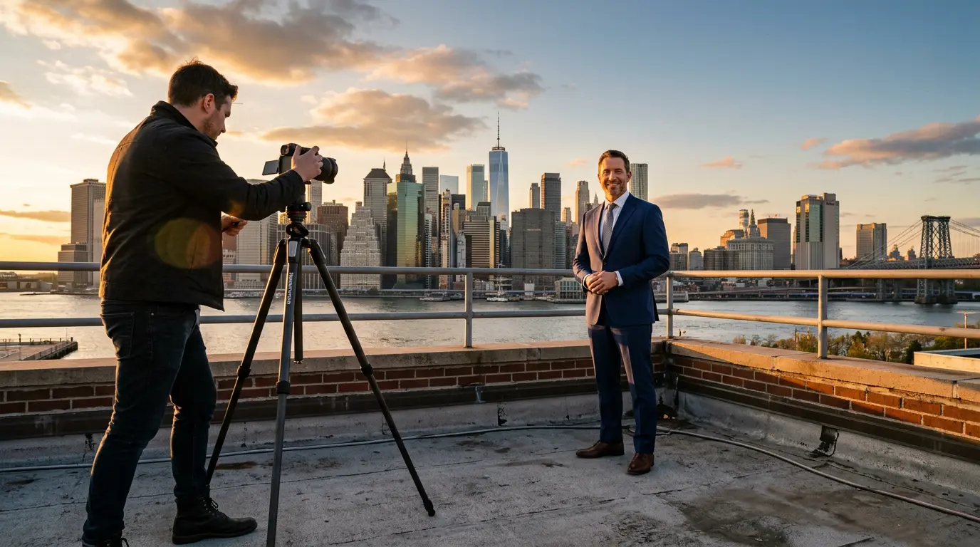 Photographer directing executive portrait session on Brooklyn rooftop with Manhattan skyline in background