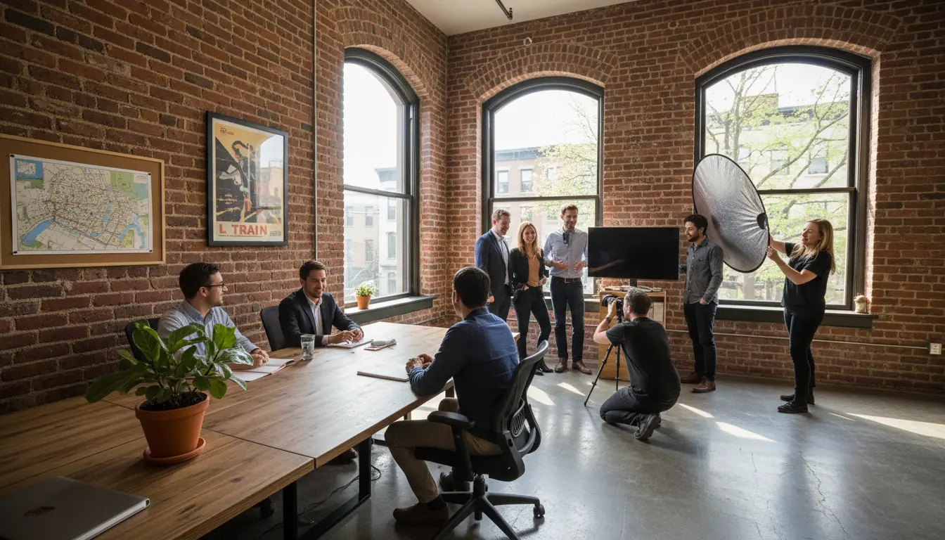 group photography Brooklyn corporate team session in Brooklyn office with reflector