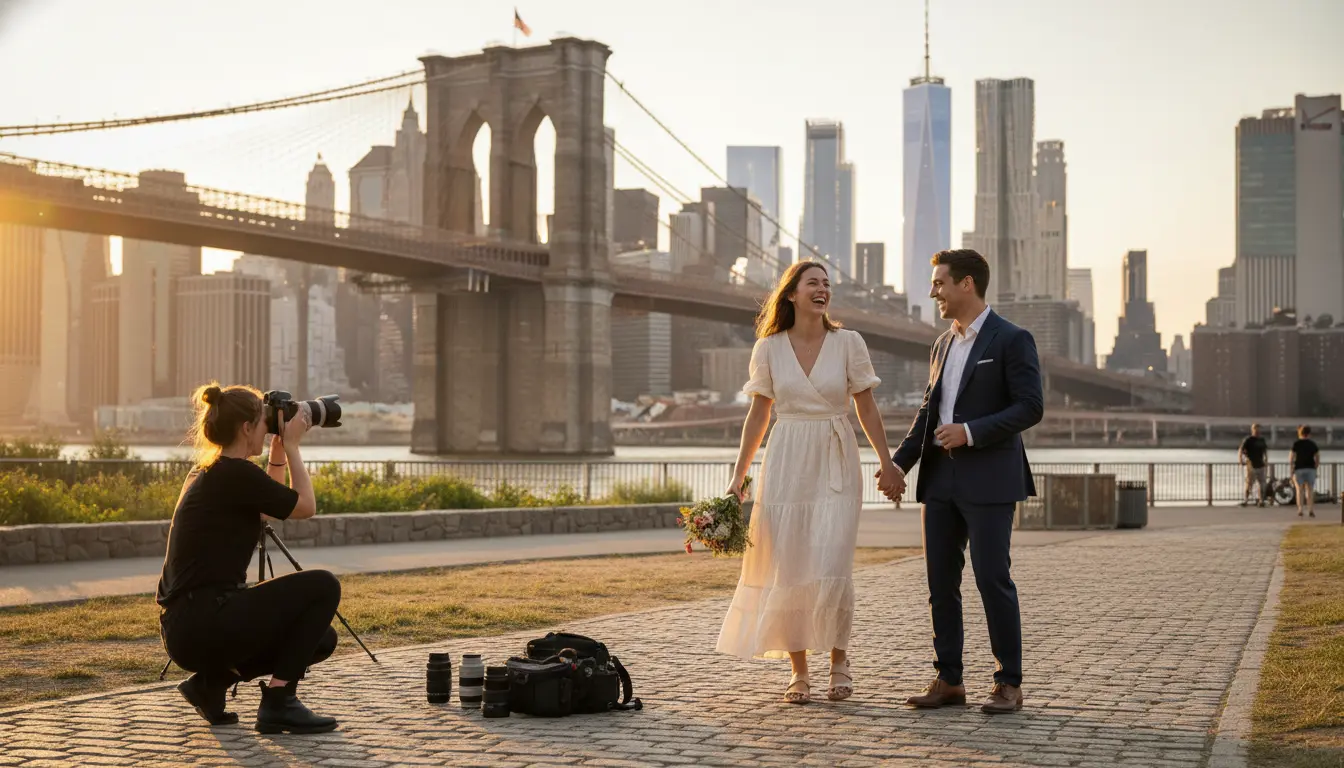 couples photography Brooklyn Bridge Park couple posing by waterfront with Brooklyn Bridge visible