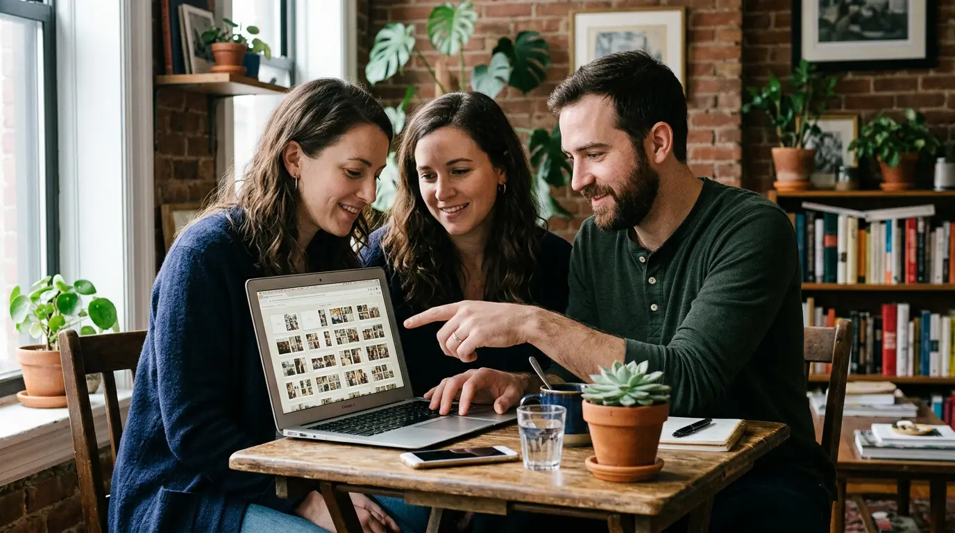 Couple reviewing wedding album proof online — Brooklyn album proofing