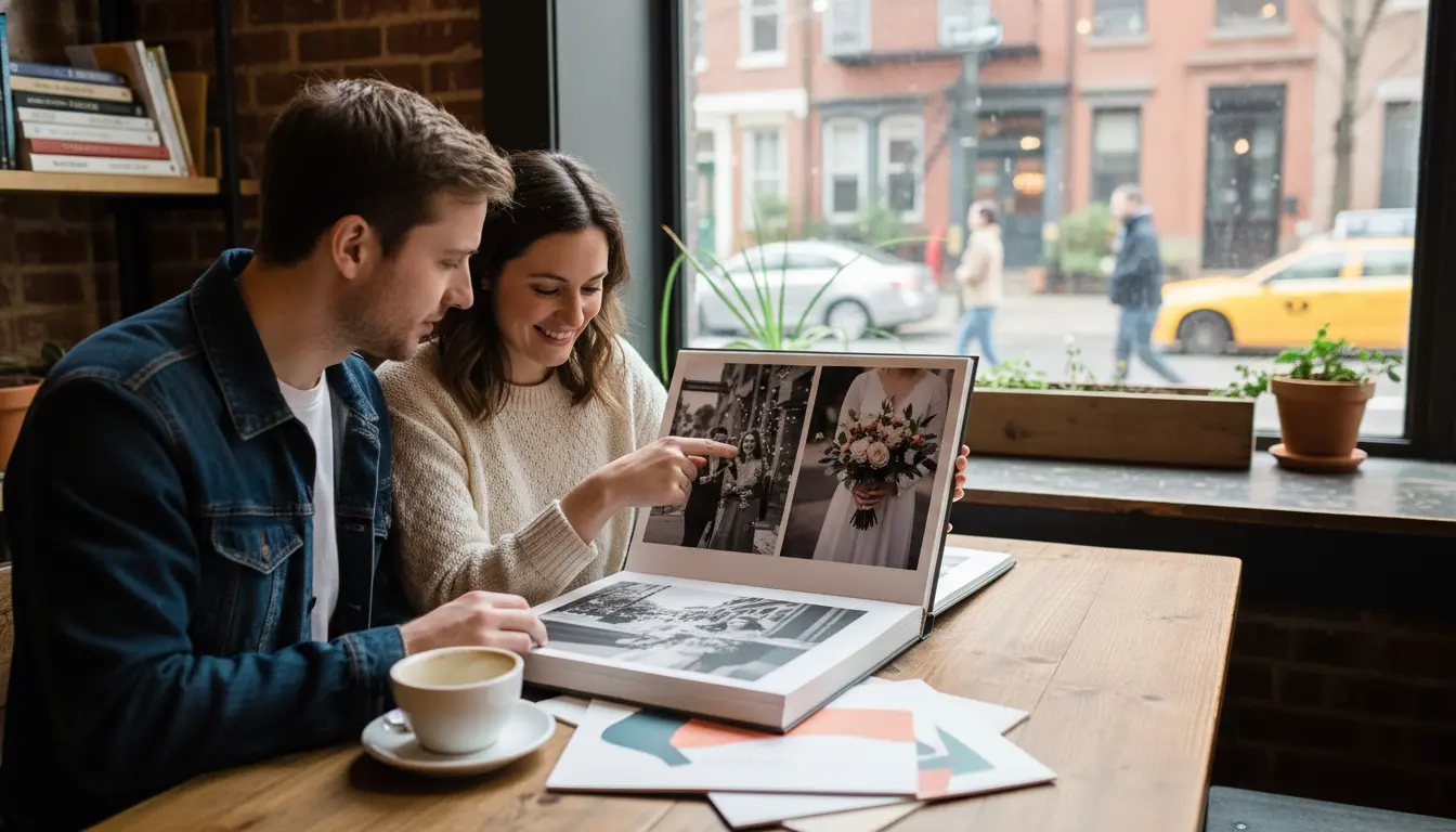 wedding photography Brooklyn NY couple reviewing wedding album in Brooklyn cafe