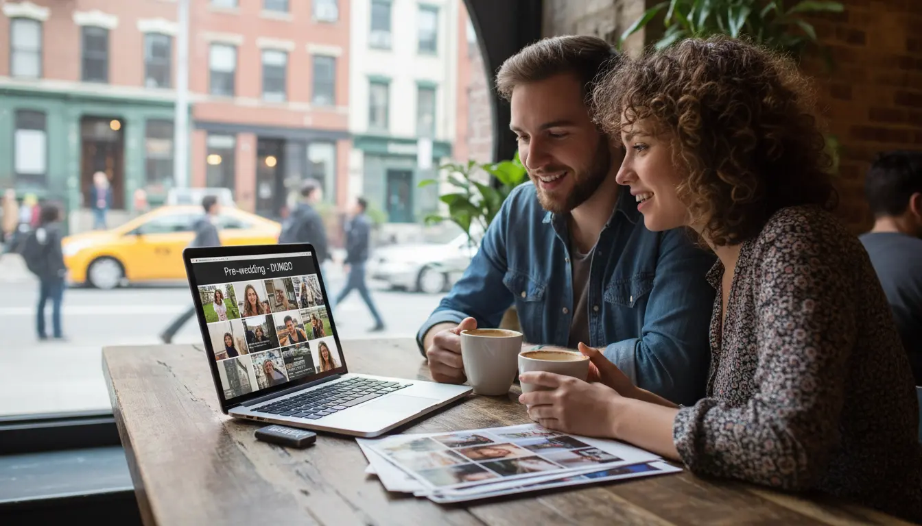 Pre-wedding photo delivery in Brooklyn showing couple viewing online gallery on laptop in a Brooklyn cafe