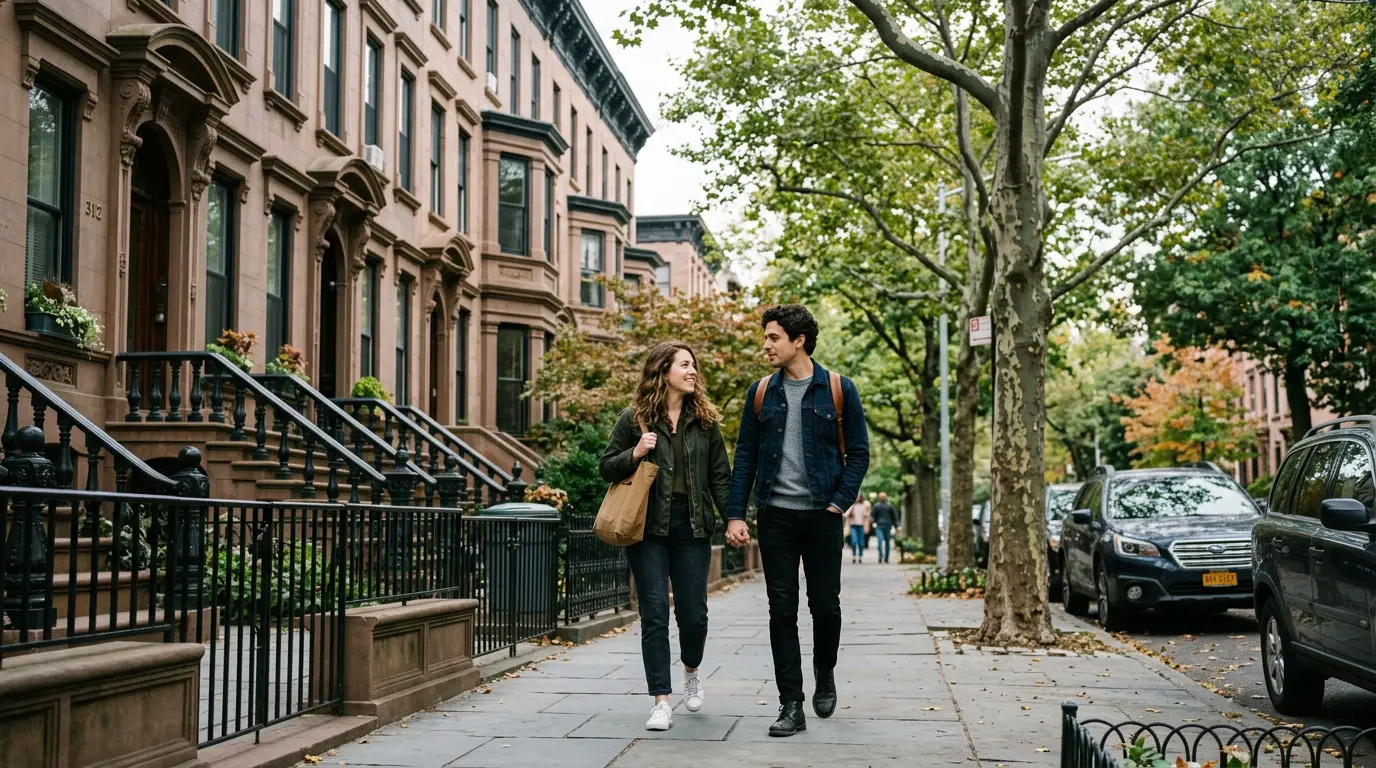 Engagement session photos on Park Slope brownstone street Brooklyn