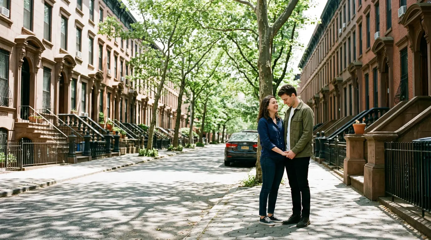 Couples portrait session on Bed-Stuy brownstone street Brooklyn with natural light canopy