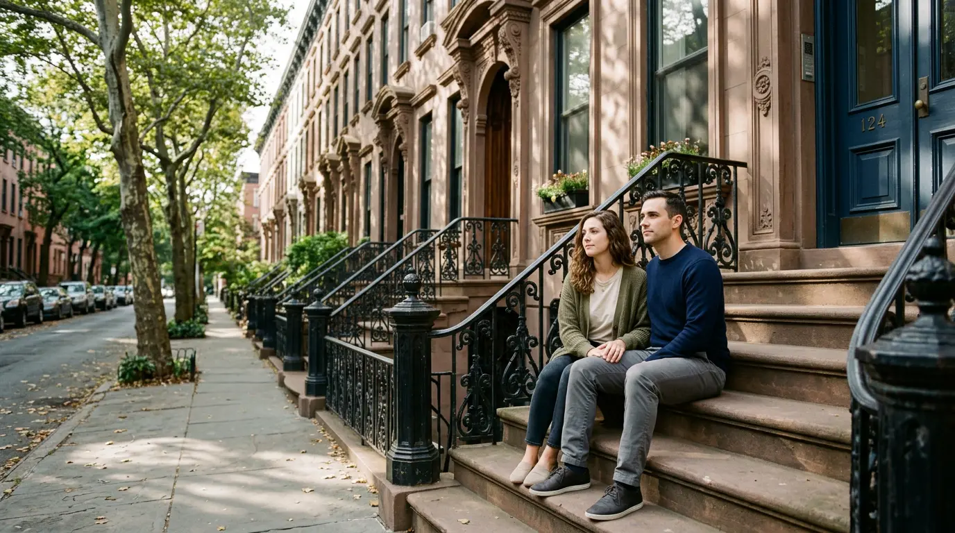Couples photography session on Cobble Hill brownstone steps Brooklyn NY