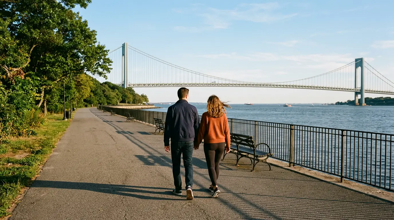 Couples photography at Shore Road Park Bay Ridge Brooklyn with Verrazzano Bridge backdrop