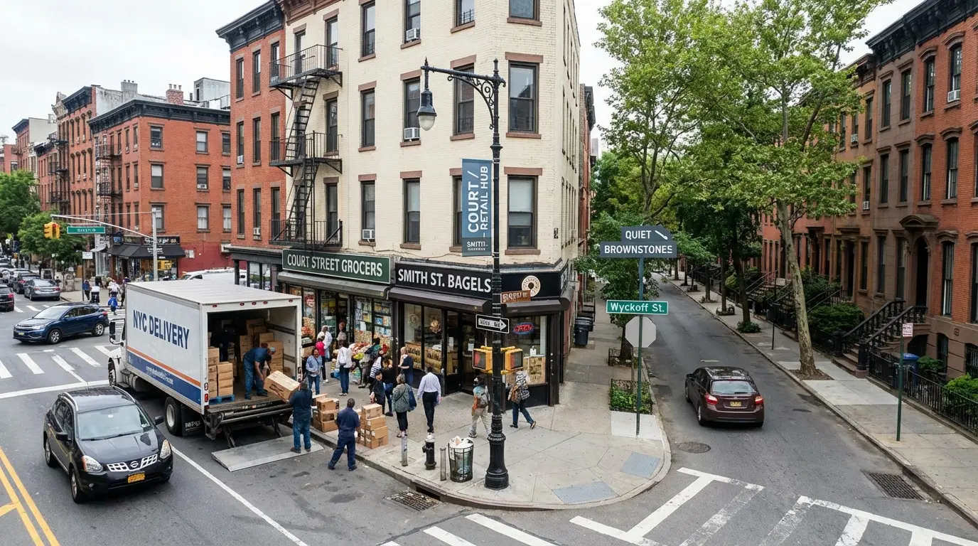 Wedding Photography Boerum Hill showing Court–Smith retail corner with delivery activity and adjacent quiet side street toward brownstones.