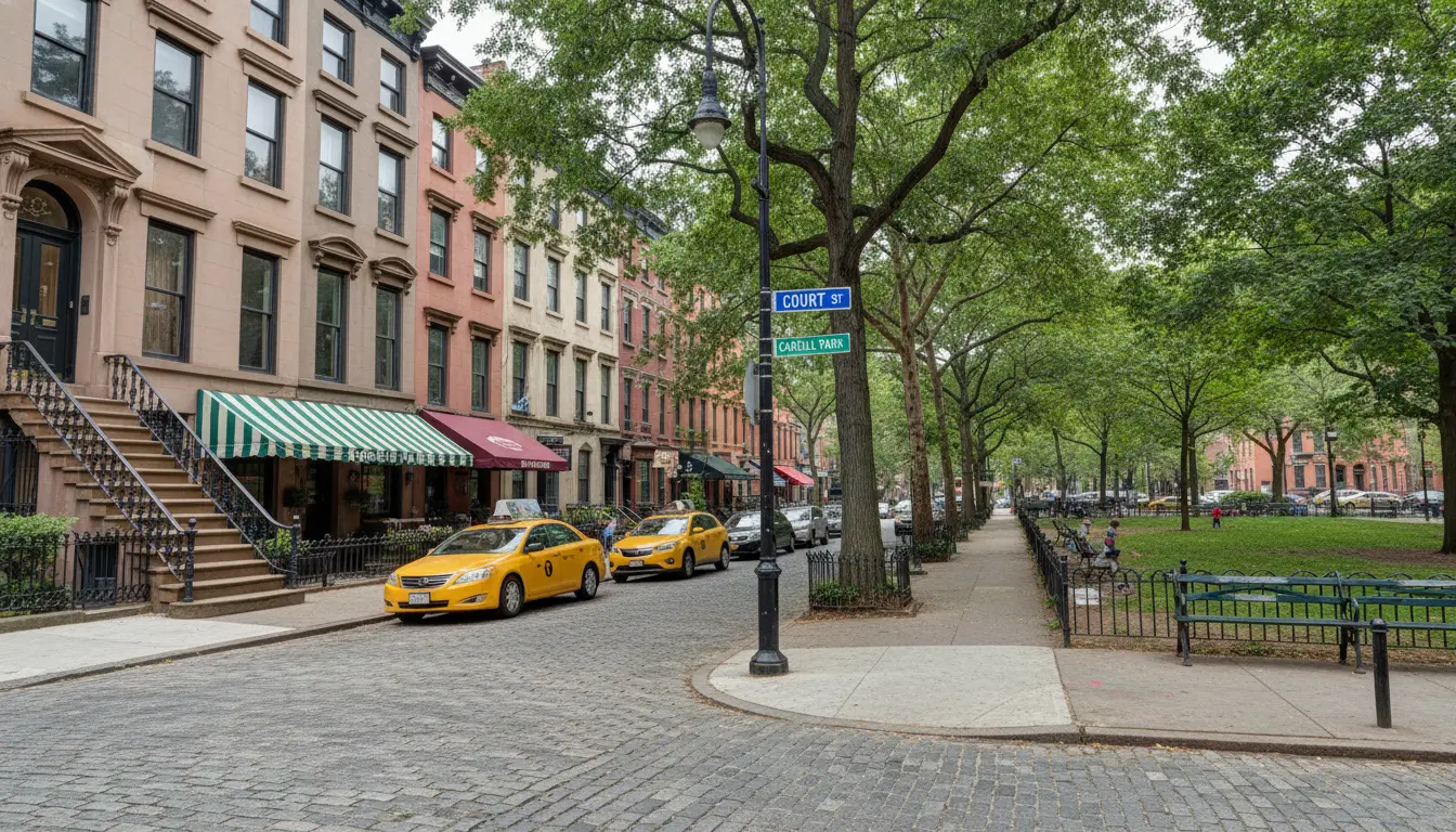 Wedding Photography Carroll Gardens: Court St brownstone block at Carroll Park edge showing storefronts and tree canopy