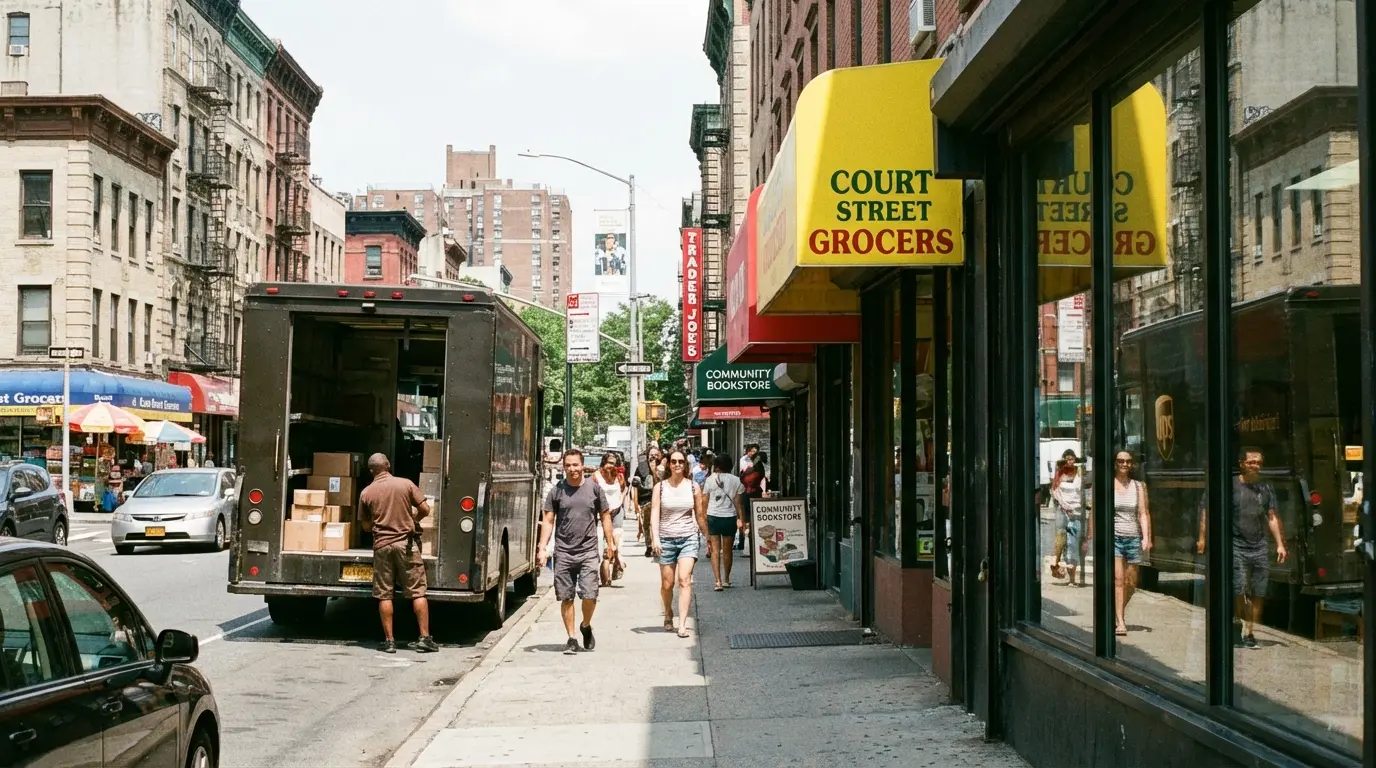 Wedding Photography Cobble Hill: Court St storefronts with delivery truck stopped and pedestrians present.