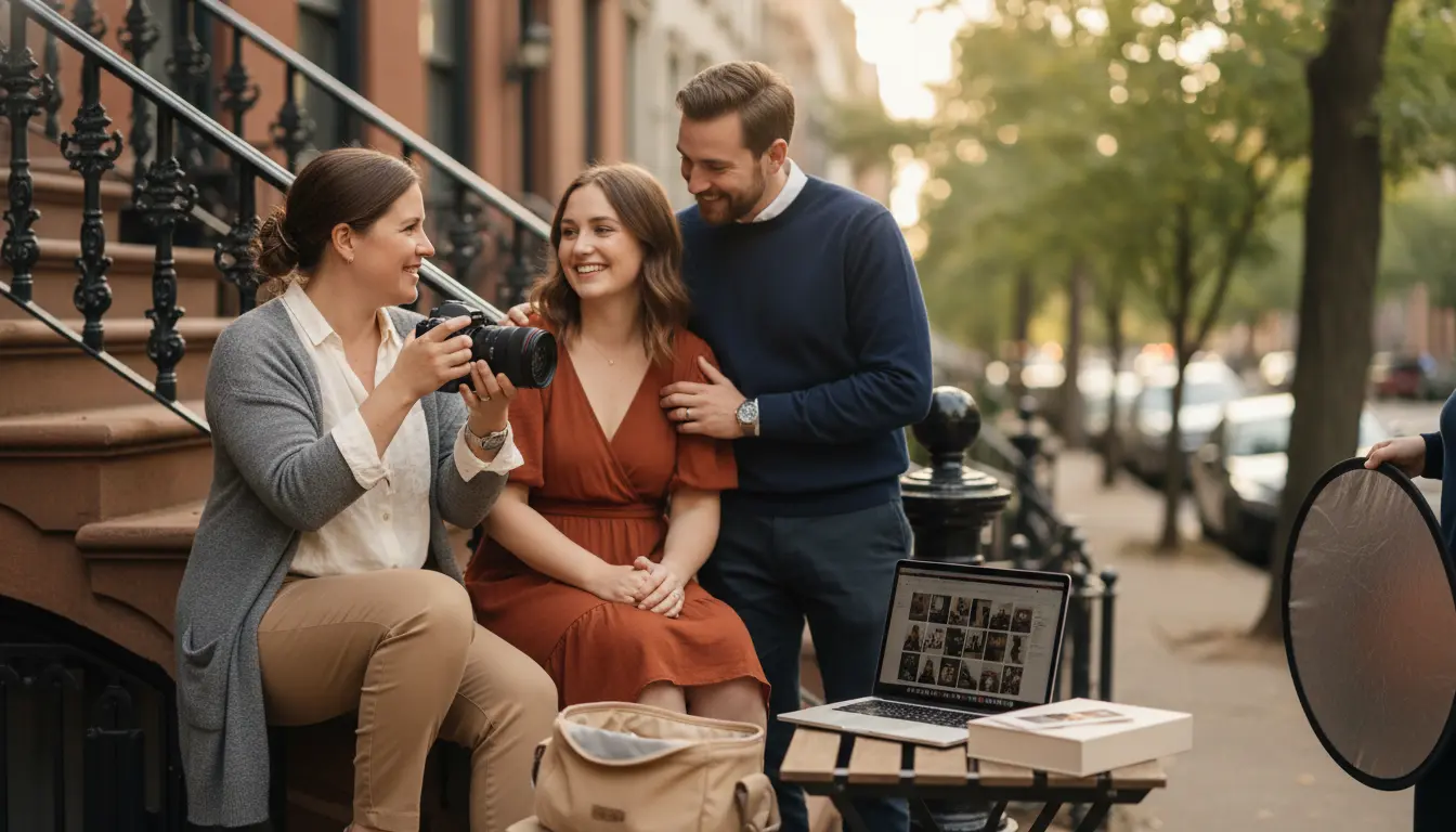 Creative Photos Brooklyn photographer directing couple on brownstone stoop with camera and laptop gallery visible