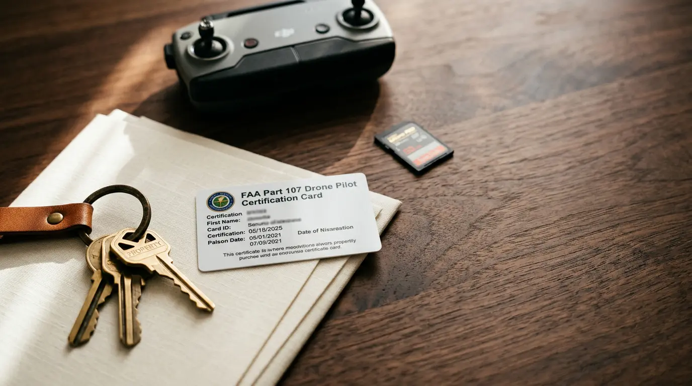 Overhead flat-lay of Brooklyn real estate photography credentials — property keys, FAA Part 107 drone certification card, listing package document, and SD memory card on dark hardwood surface