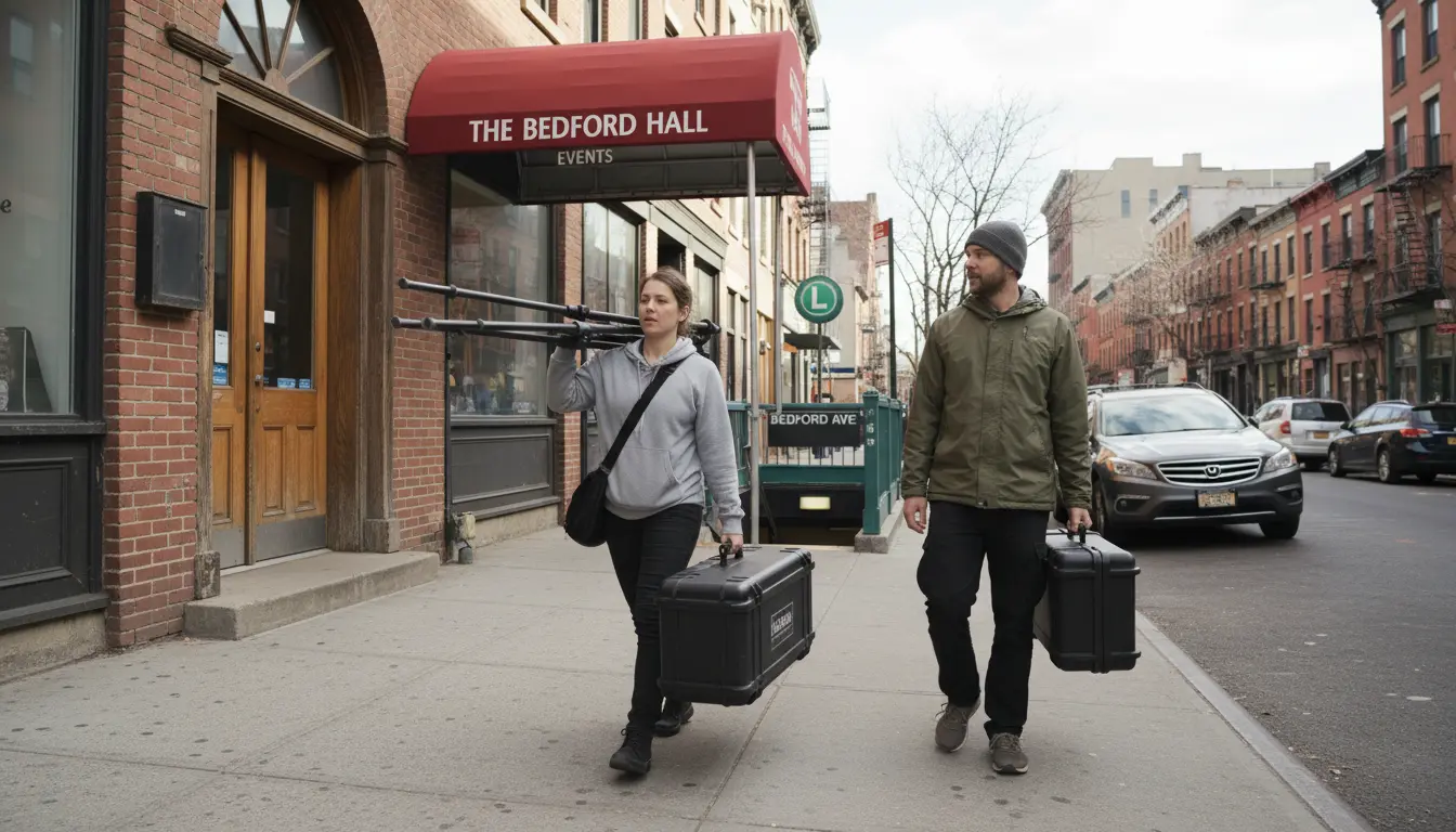 Event videography in Brooklyn - crew carrying equipment on Bedford Avenue, Williamsburg