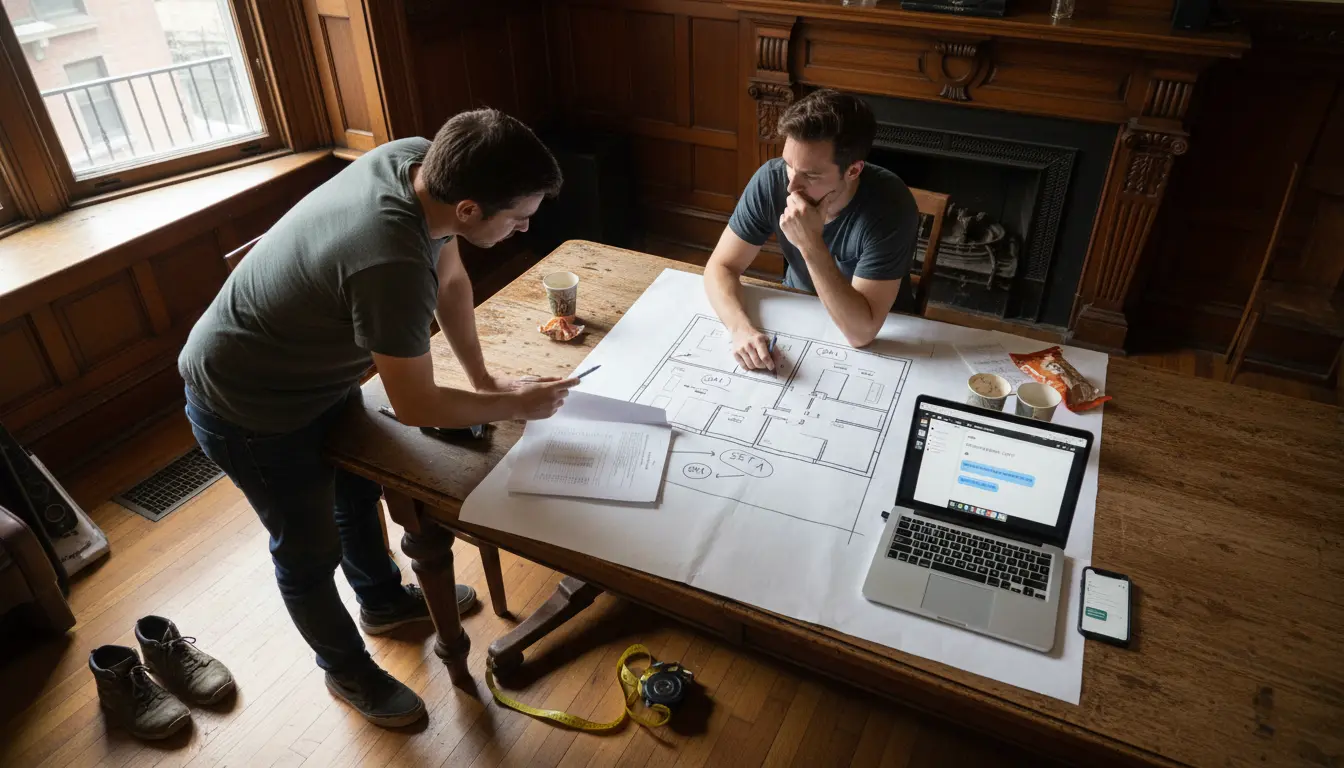 Real estate videography Brooklyn — crew reviewing shot list and floor plan during property setup