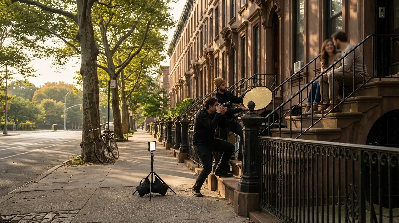 Wedding photographer Crown Heights Brooklyn shooting a couple on a brownstone stoop with reflector and sandbagged stand