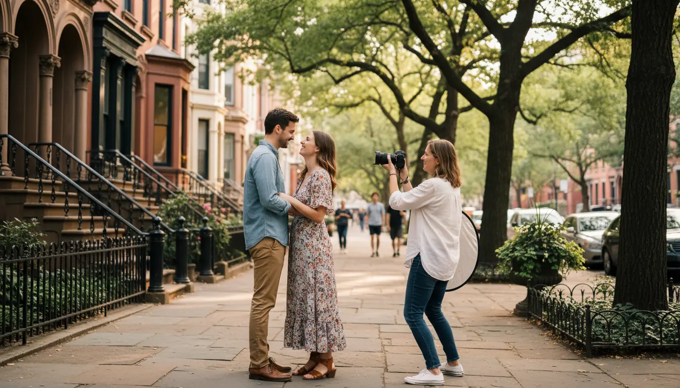 Wedding Photography Boerum Hill showing a photographer shooting a couple on a Dean Street brownstone sidewalk.