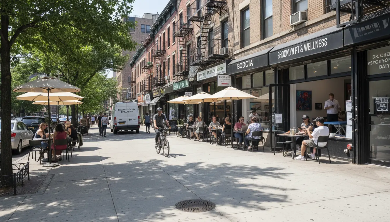 Wedding Photography Fort Greene — Dekalb/Myrtle Ave corridor showing pedestrian density and delivery curb activity