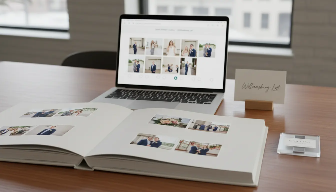 wedding photography and videography deliverables in Brooklyn showing printed album, USB drive and online gallery