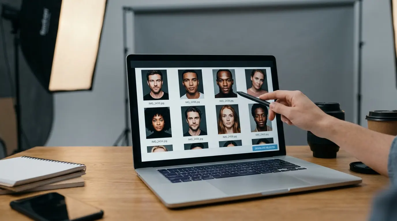 headshot delivery Brooklyn digital gallery on laptop showing final portrait thumbnails