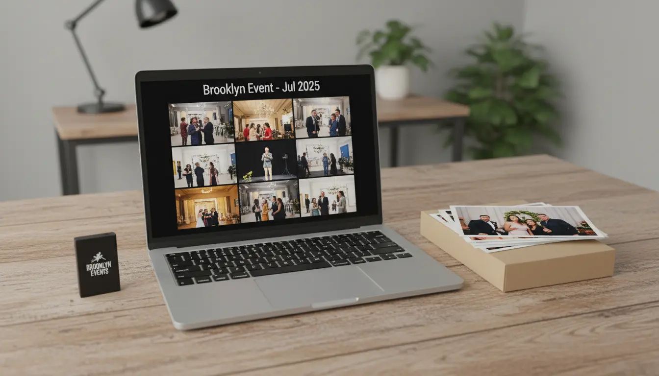 Event photography delivery in Brooklyn, NY showing online gallery thumbnails, USB drive, and printed photos