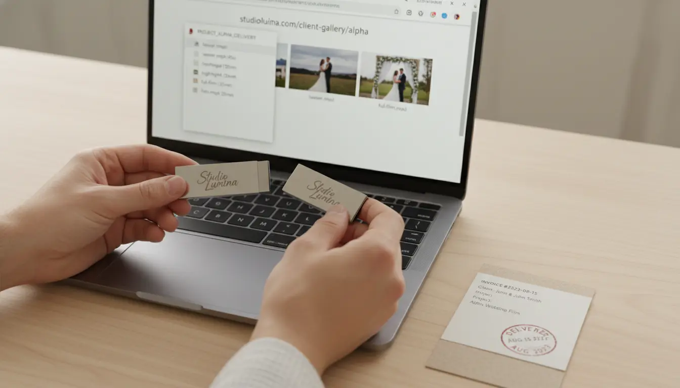 Cinematic wedding videography Brooklyn - delivered wedding film files on USB and online gallery on laptop