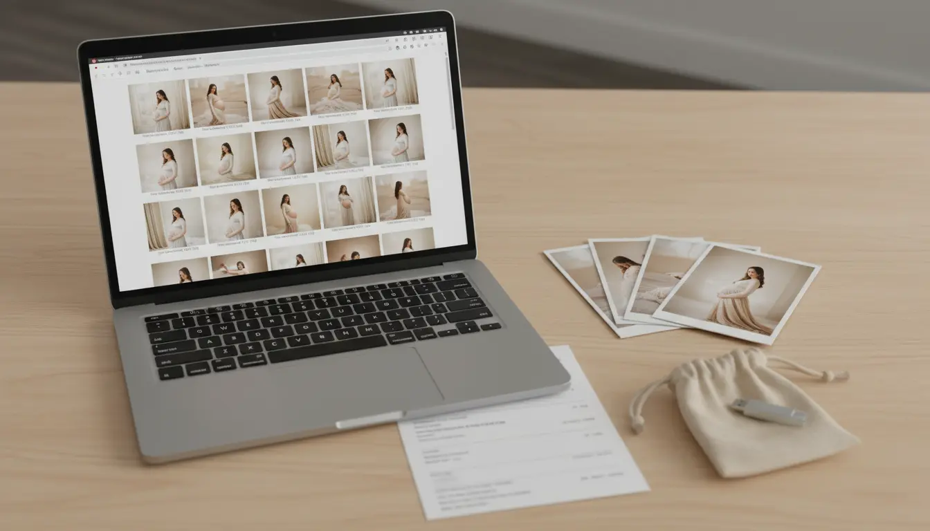 Maternity and newborn photo gallery delivery in Brooklyn shown on laptop with prints