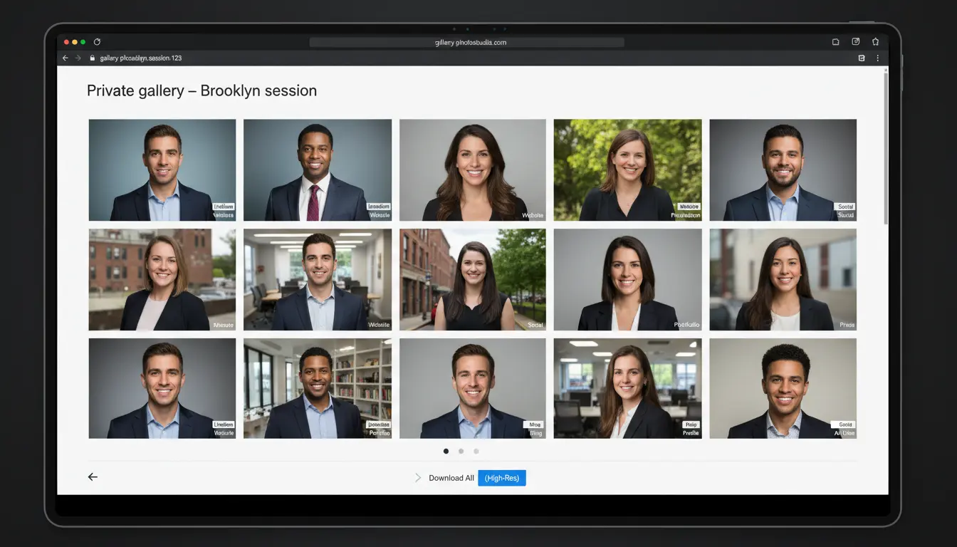 Delivered portrait gallery Brooklyn showing final headshot grid labeled LinkedIn website social