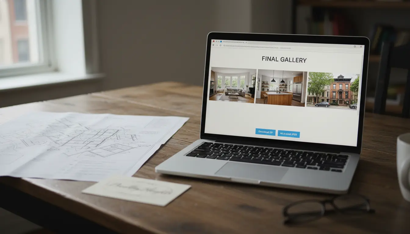 Real estate photography Brooklyn - delivered listing gallery on laptop with MLS download option