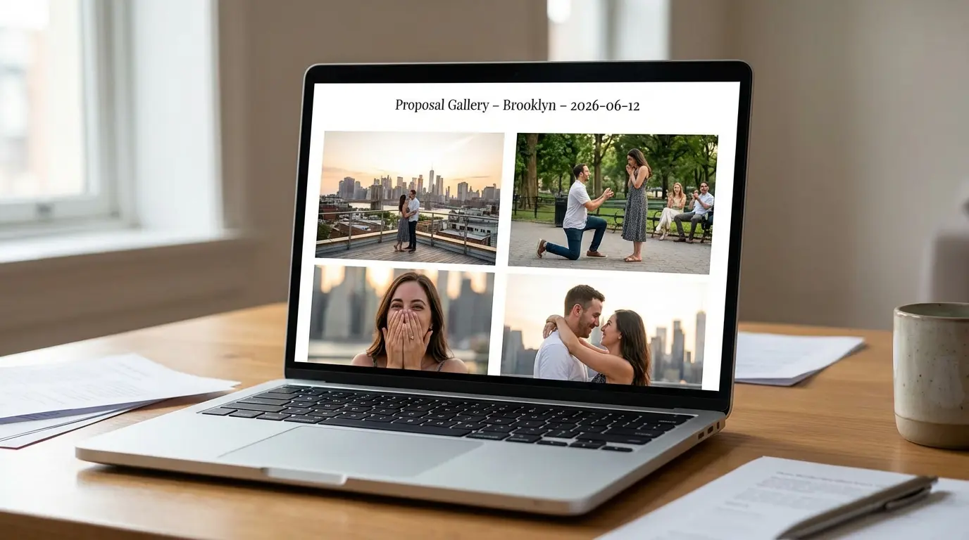 proposal photography Brooklyn online gallery thumbnails of proposal photos on laptop screen