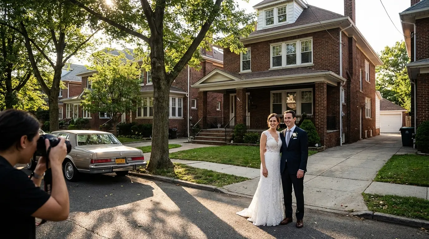 Wedding Photography Midwood — delivered portrait with Midwood brick rowhouse backdrop