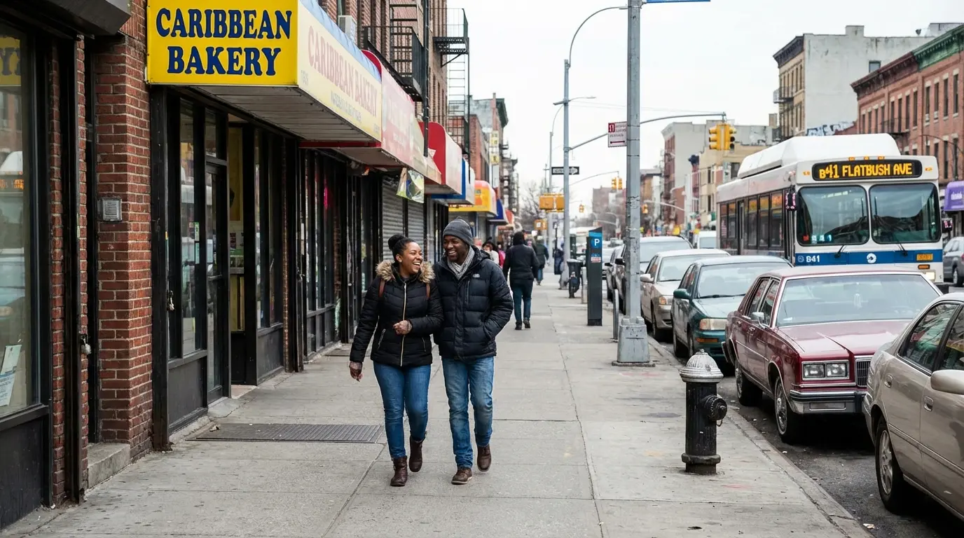 Wedding Photography: delivered couple portrait on a Flatbush sidewalk in Flatbush, Brooklyn showing storefronts, parked cars, and an awning.