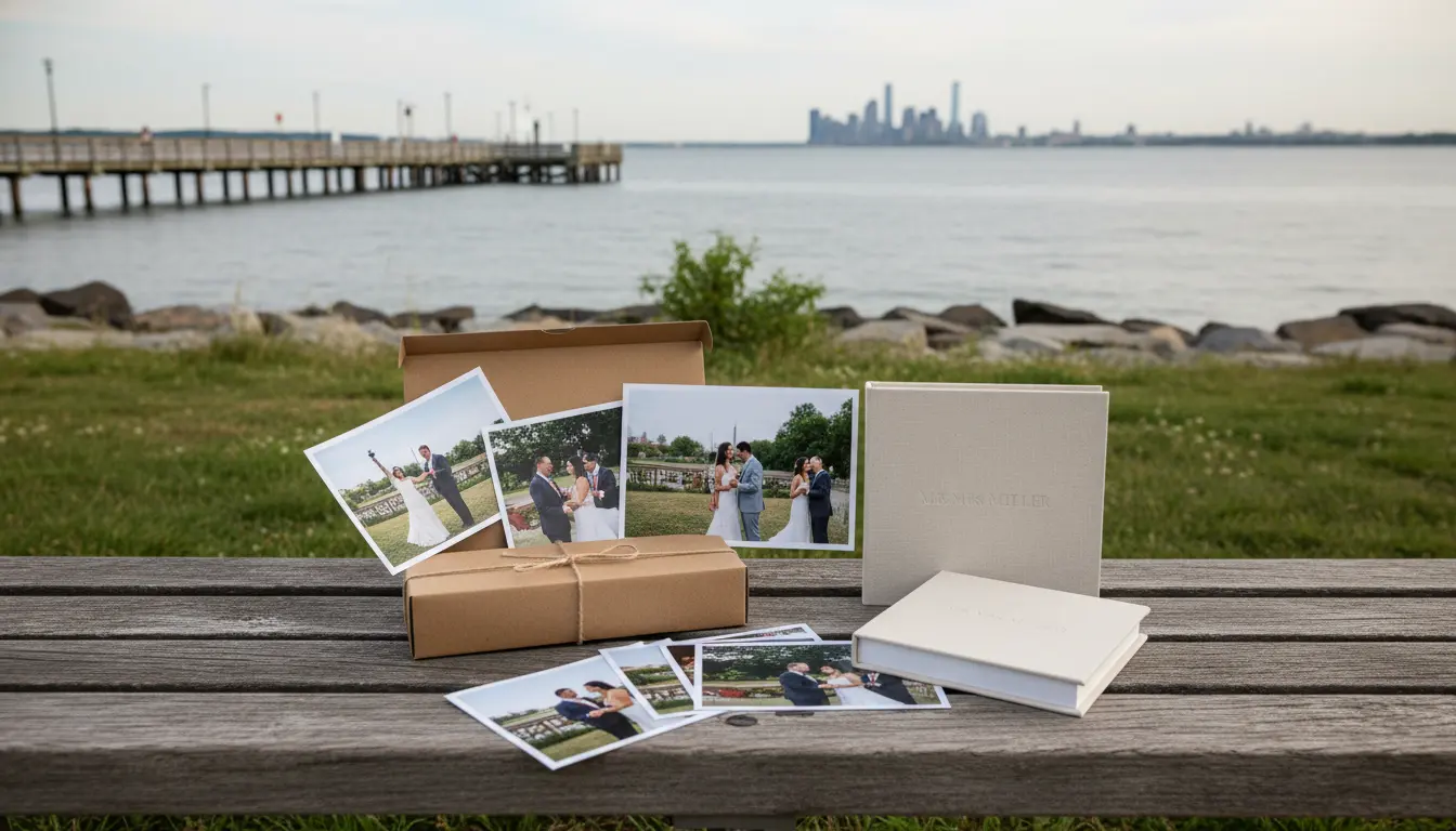 Wedding Photography Bay Ridge — delivered wedding prints and a small album on a Shore Road Park bench showing realistic deliverable in neighborhood context.