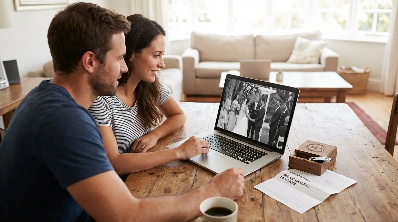 wedding videography delivery in Brooklyn showing couple viewing film on laptop with USB delivery package