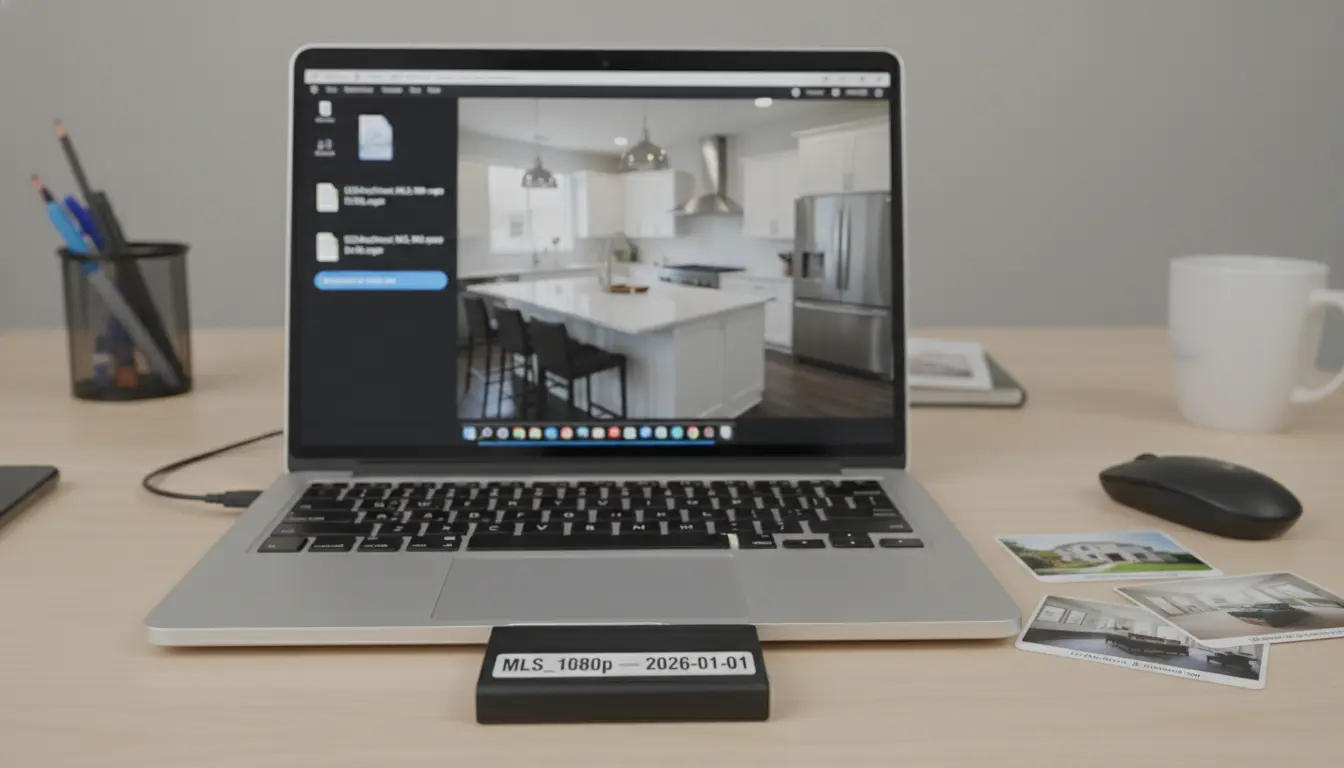 Real estate videography Brooklyn — delivered property video files and MLS export on laptop