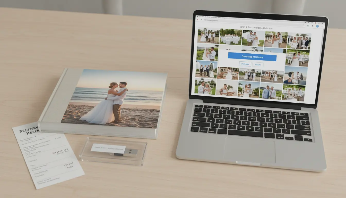 Wedding photo delivery items in Brooklyn showing album USB and online gallery on laptop