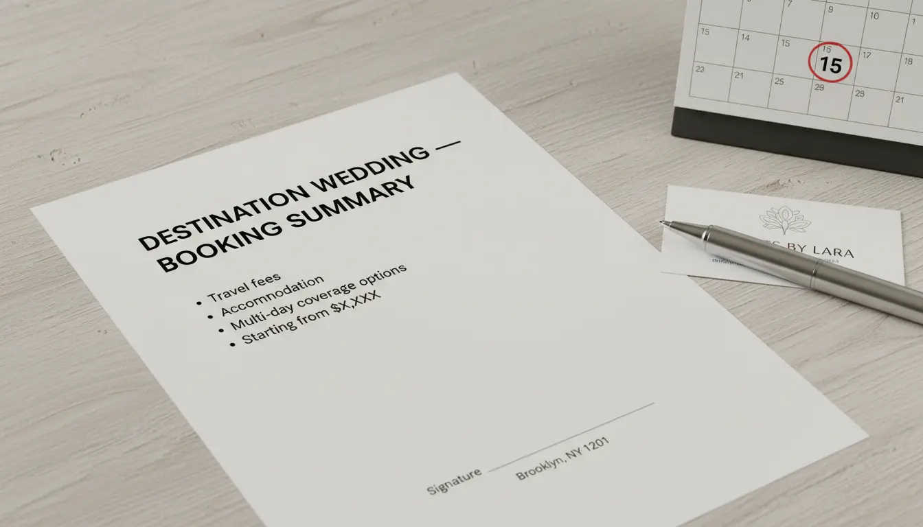 destination wedding photography Brooklyn booking summary document showing travel and multi-day options